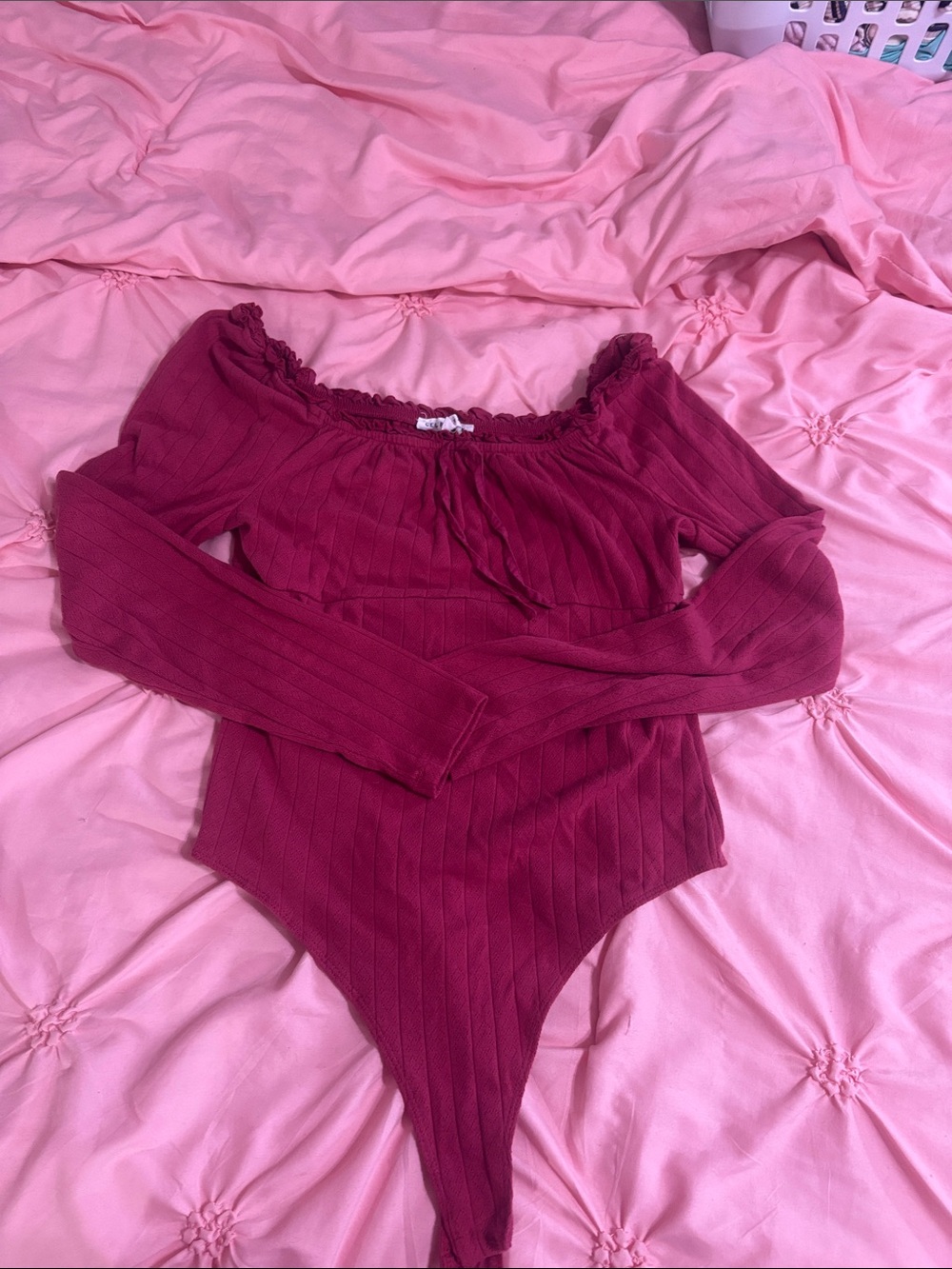 Celebrity Pink Off-Shoulder Ribbed Long-Sleeve Bodysuit - Deep Raspberry